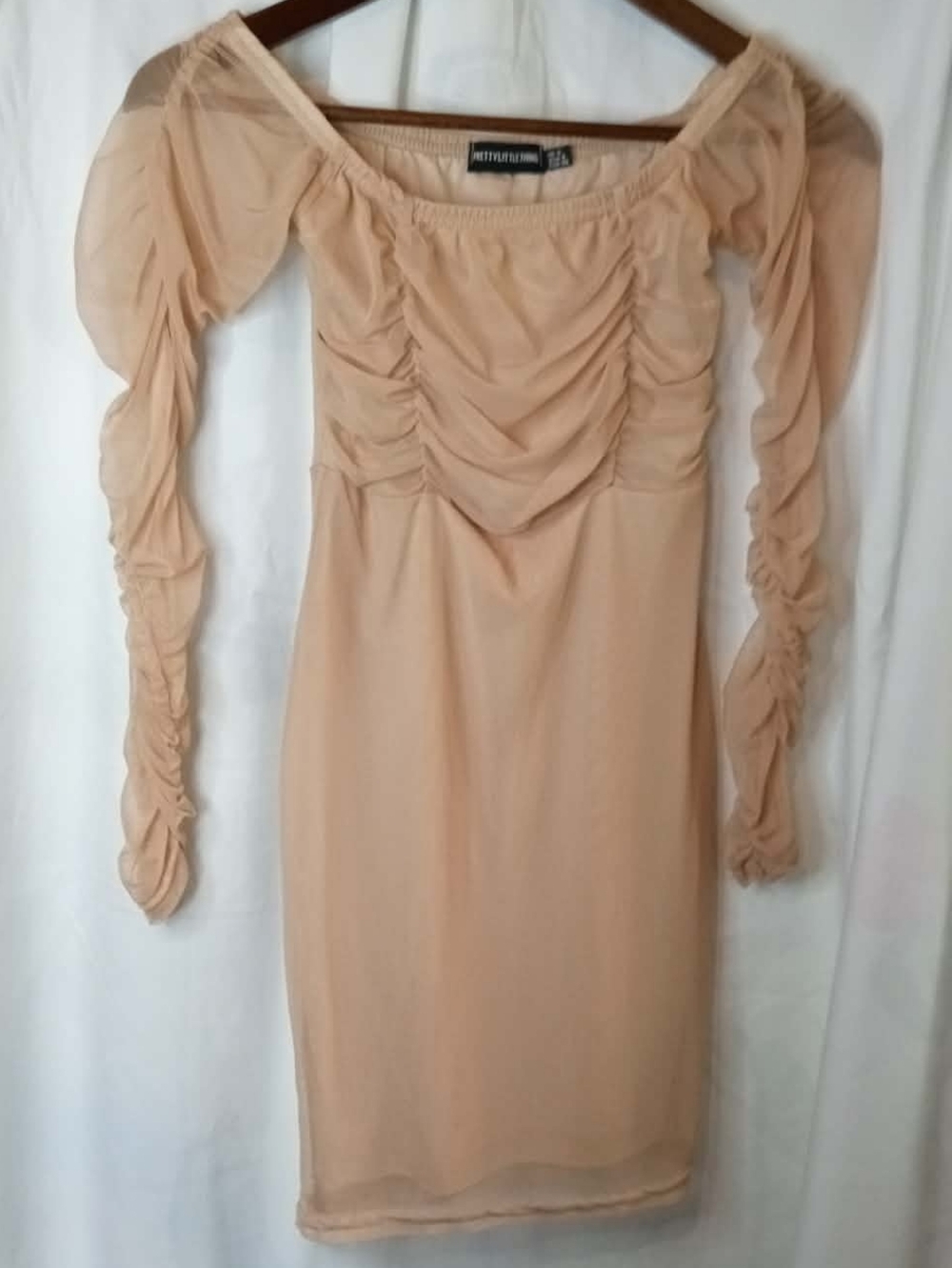 4 PrettyLittleThing Cream Ruched Off-Shoulder Long Sleeve Mesh Dress Neutral Hot